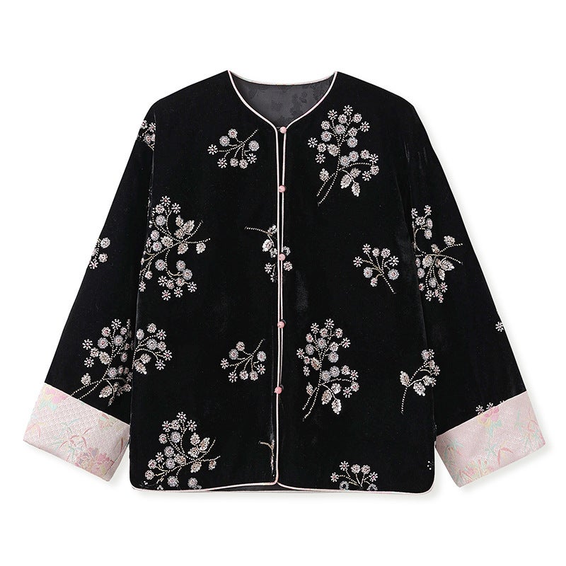 Yailla Versatile Autumn/Winter New Style Chinese Style Cherry Blossom Embroidery High-End Design New Chinese Style Bead Embroidery Light Luxury Rich Noble Coat Cotton Coat Women'S Retro Style Top Niche Design Tang Coat Suit - Image 1
